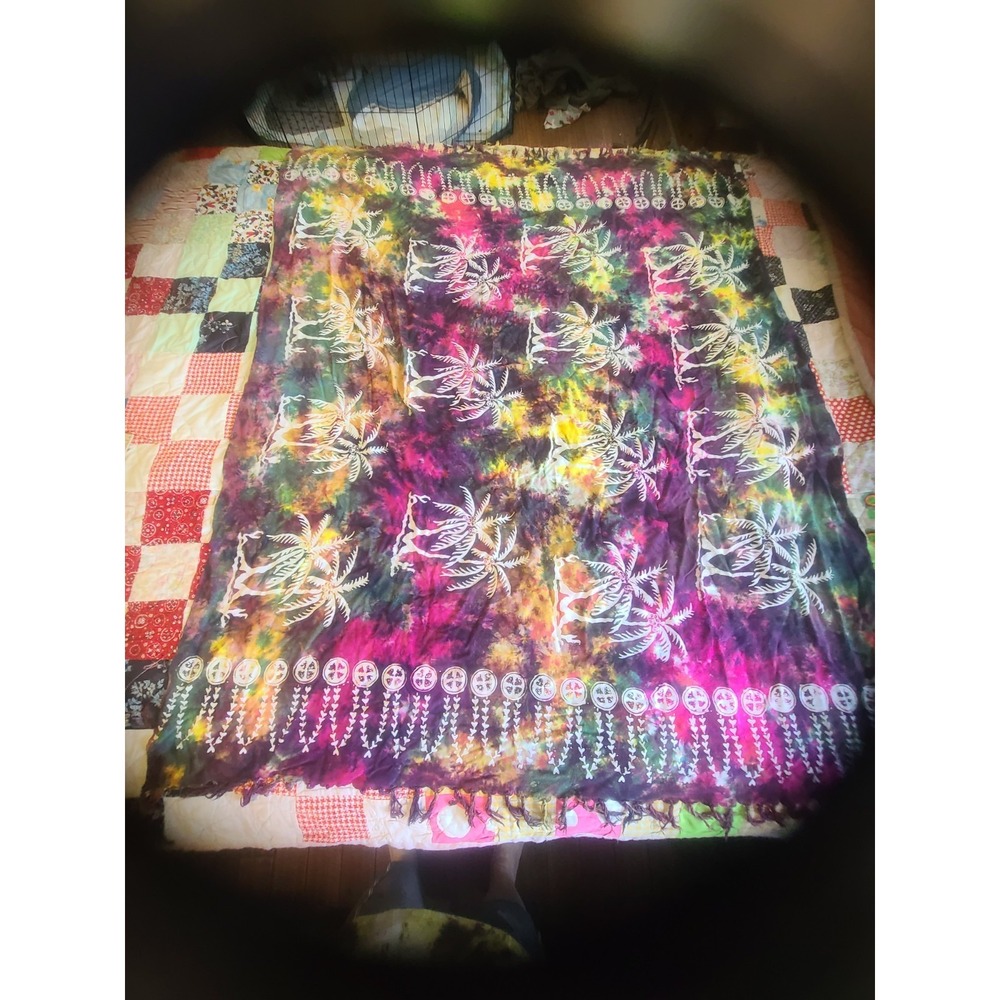 Vintage We Be Bop Tie Dye Sarong Palm Tree Print Fringed Beach Cover Up Wrap